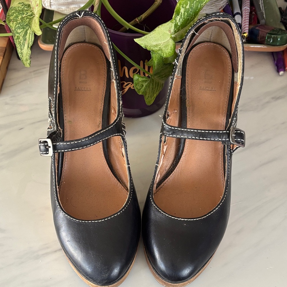 Bakers Black Mary Jane Heels with flower petal cut outs